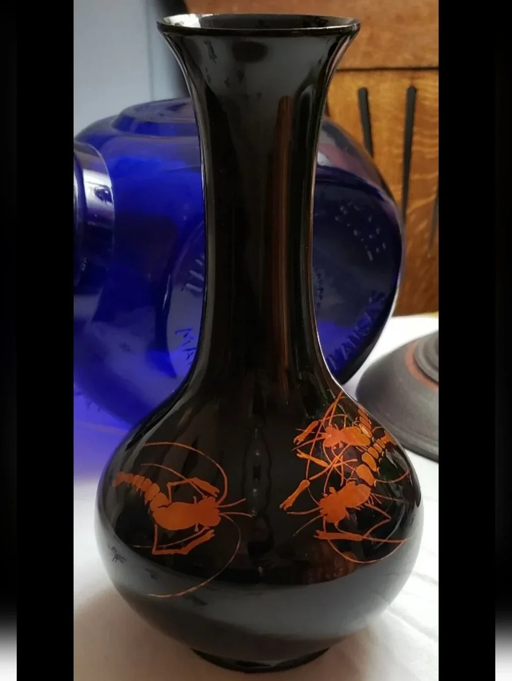 Vintage MCM Black Laquerware Vase With Metallic Copper Shrimp Design